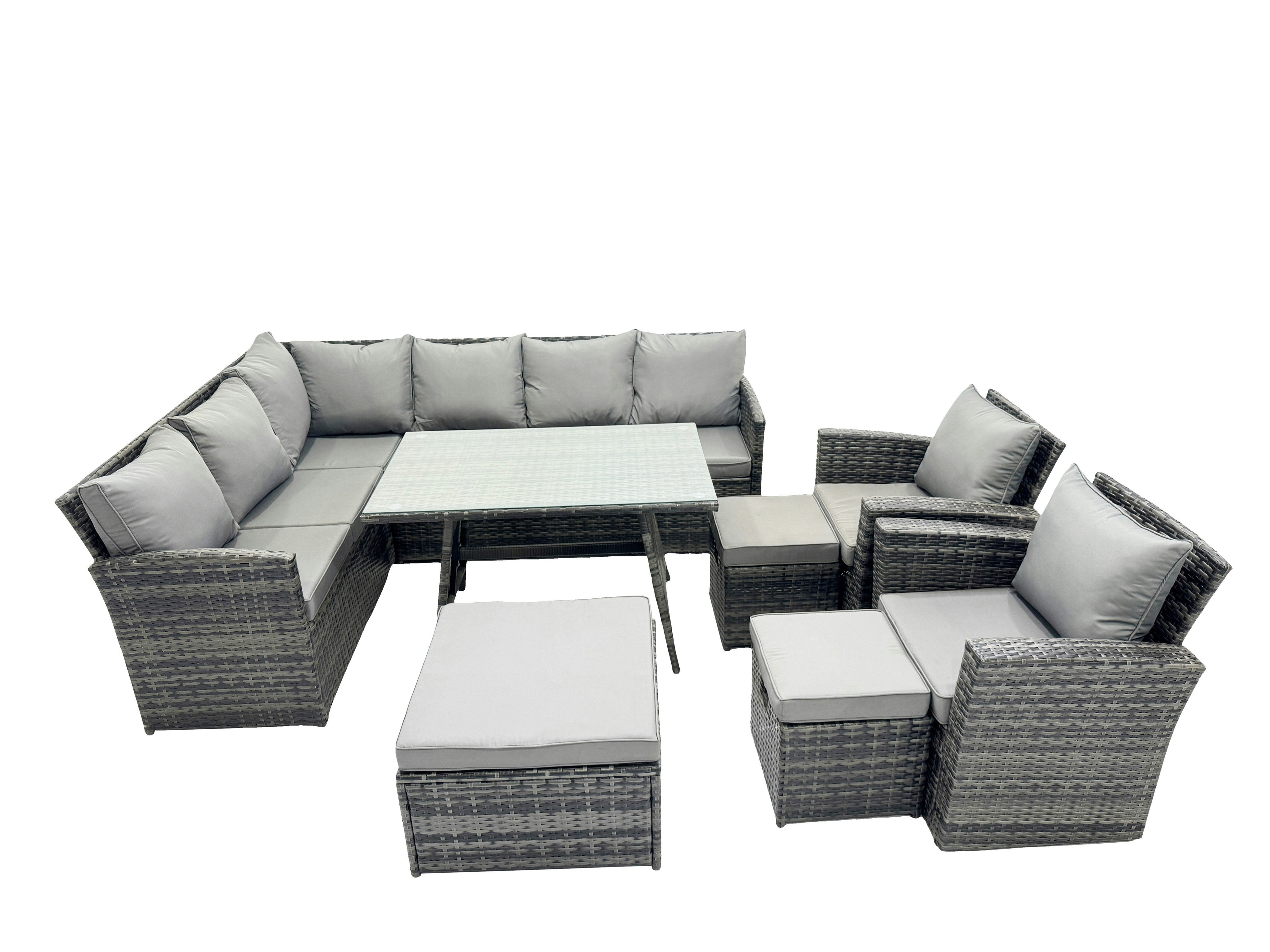 Fimous Dark/Grey 11 Seat Poly Rattan Outdoor Patio Oblong Dining Table Corner Sofa Set With 3 Stool 2 Chairs For Garden Backyard Mixed