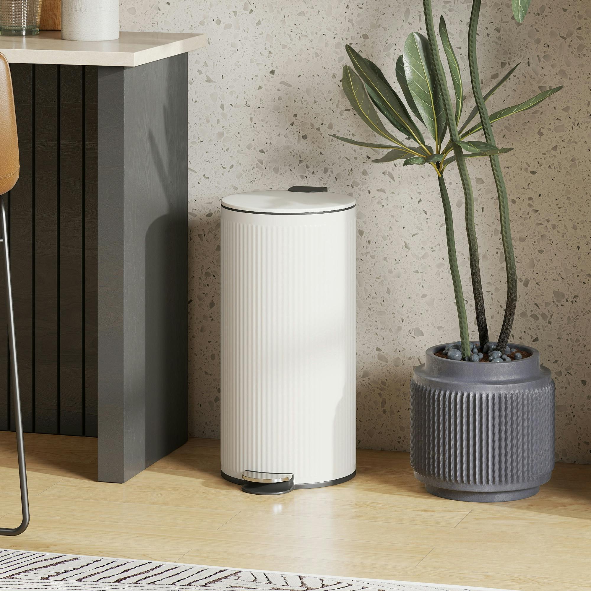 Homcom Cream Kitchen Bin, 30 Litre Pedal Rubbish Bin With Removable Bucket,