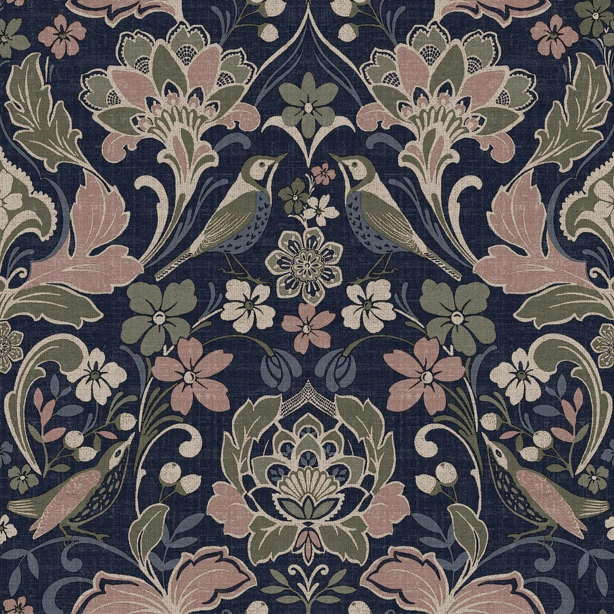 World Of Wallpaper Pink Folk Floral Textured Wallpaper - Navy/Pink/Olive - Navy/Pink/Olive - 10M X 53Cm - 100% Mixed