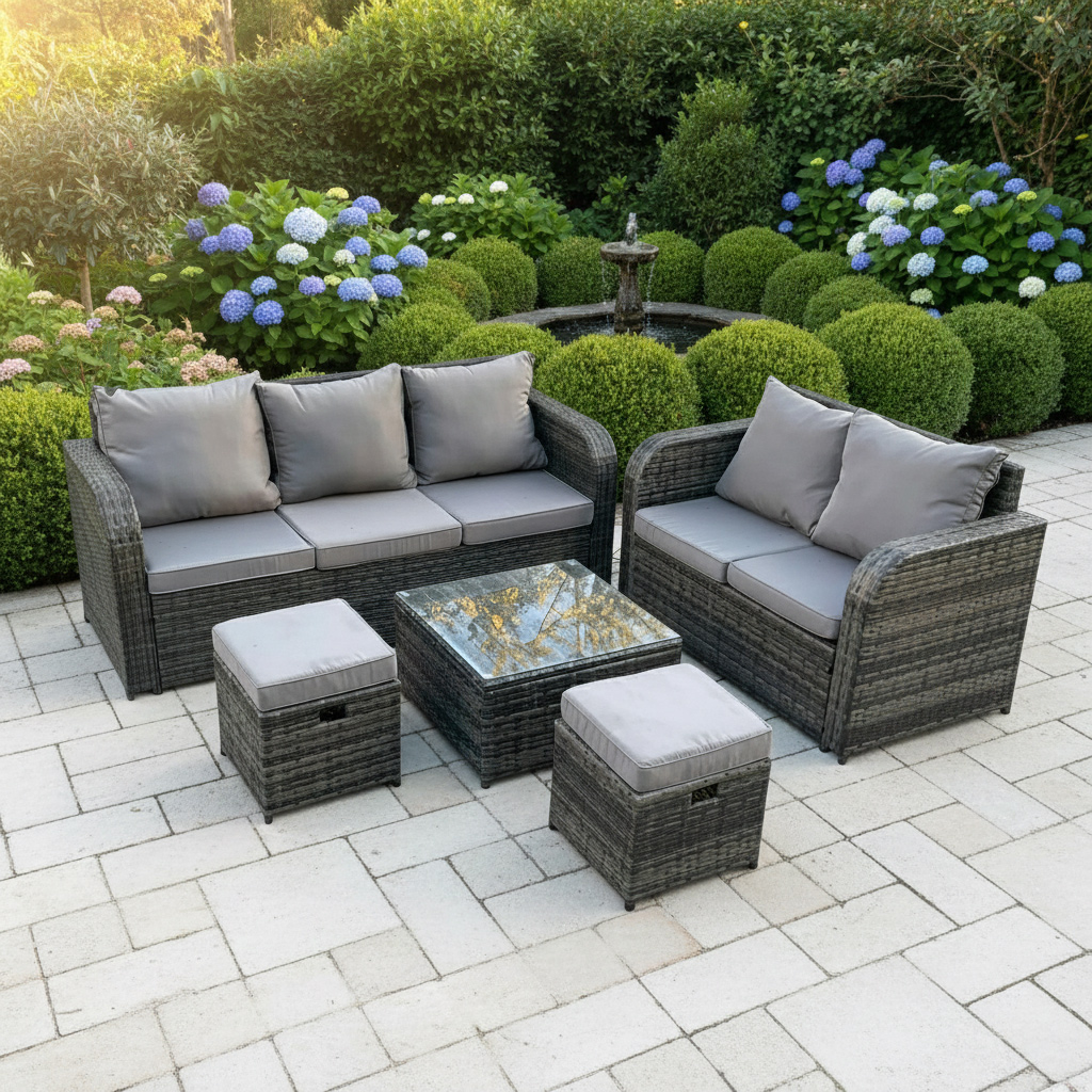 Fimous Dark/Grey 7 Seater Rattan Garden Furniture Set With 2 Sofas, Coffee Table & 2 Footstools