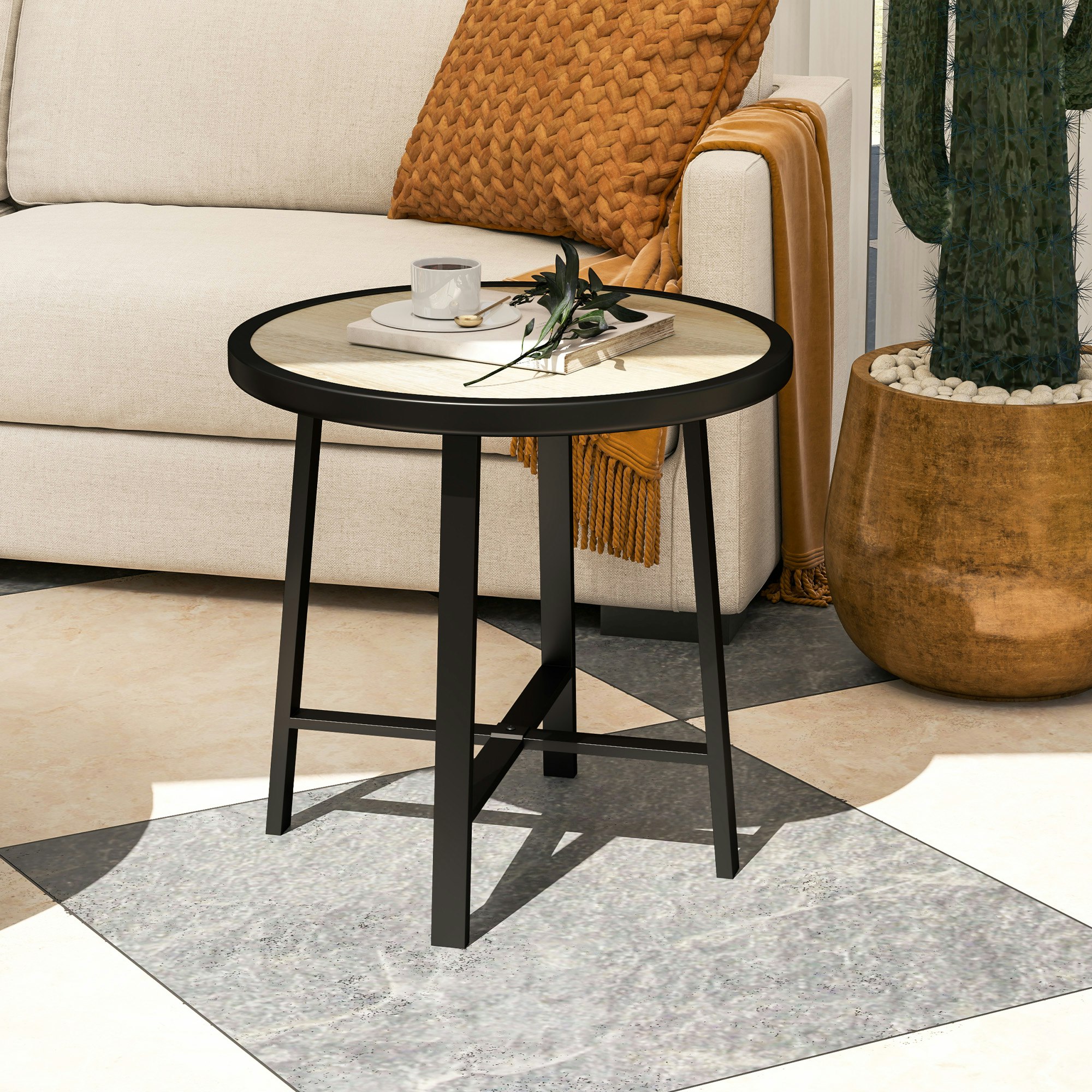 Outsunny Grey 50.5Cm Round Garden Table With Spc Tabletop, Wood Effect - Natural Wood Finish - Metal, Spc - Φ50.5 X 46H Cm