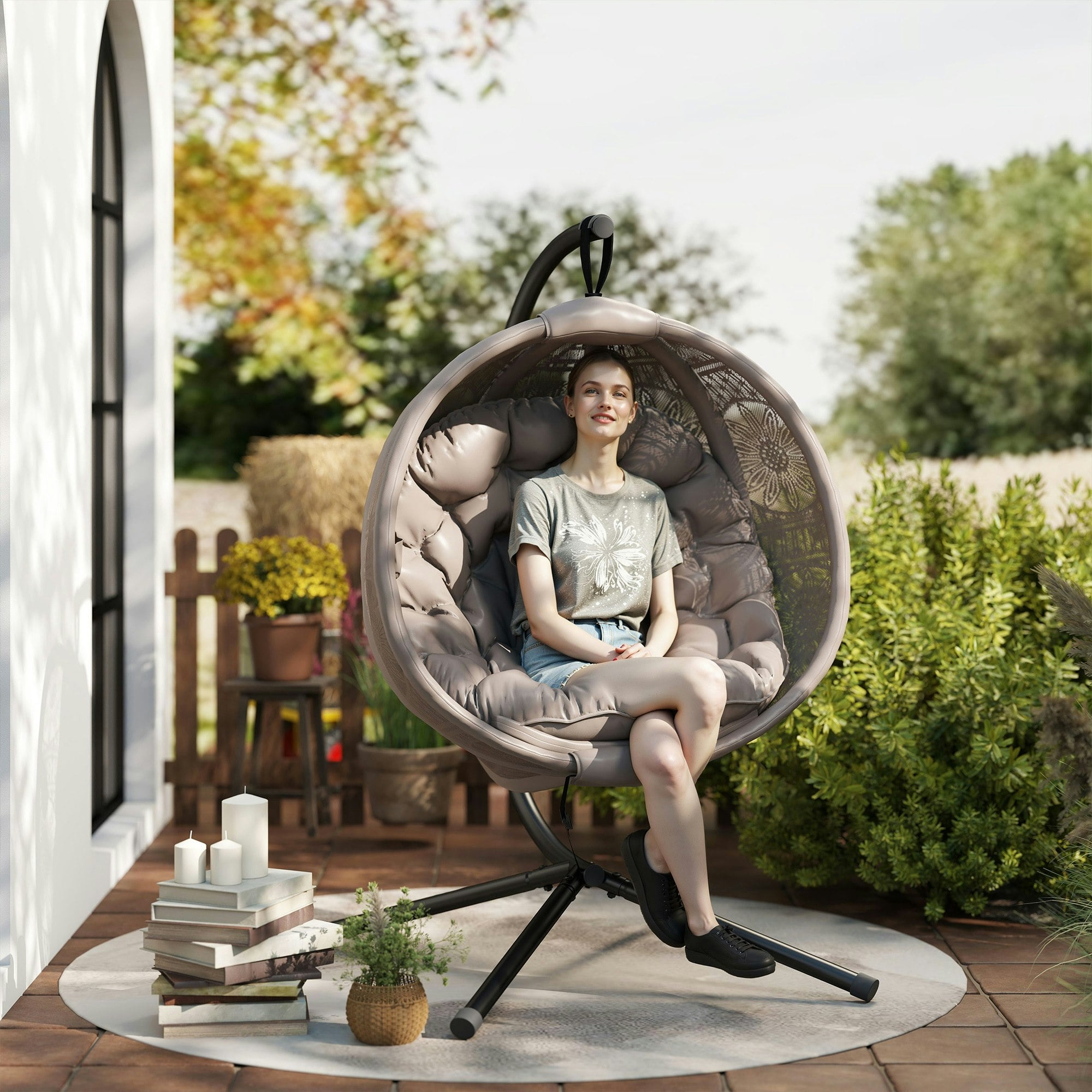 Outsunny Grey/Brown Hanging Swing Chair W/ Metal Stand & Side Pocket, Charcoal - Sand