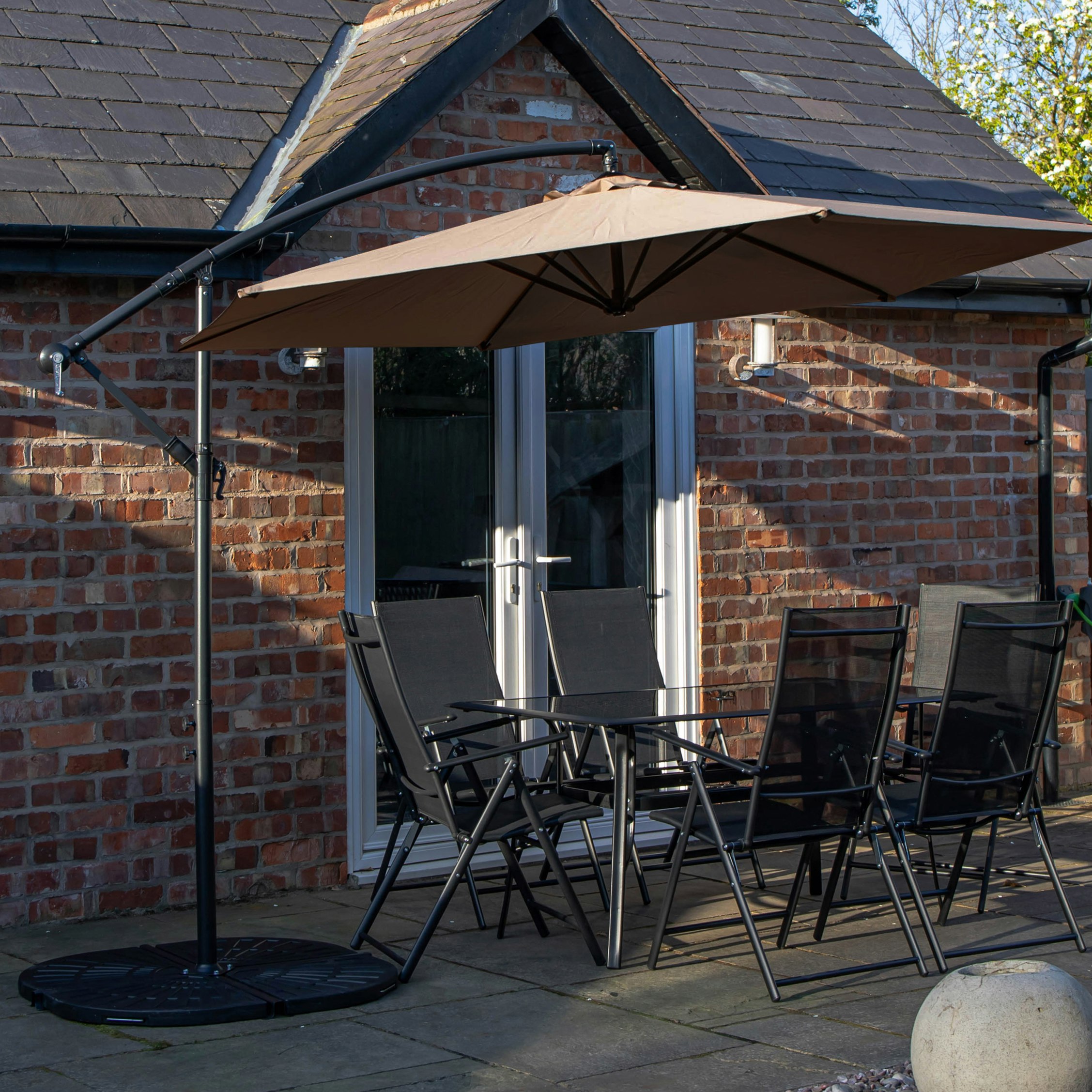 Rackhams Beige Outdoor 6 Person Rectangular Glass Top Garden Dining Table Chairs With Banana Parasol And Base - Outdoor Furniture Sets