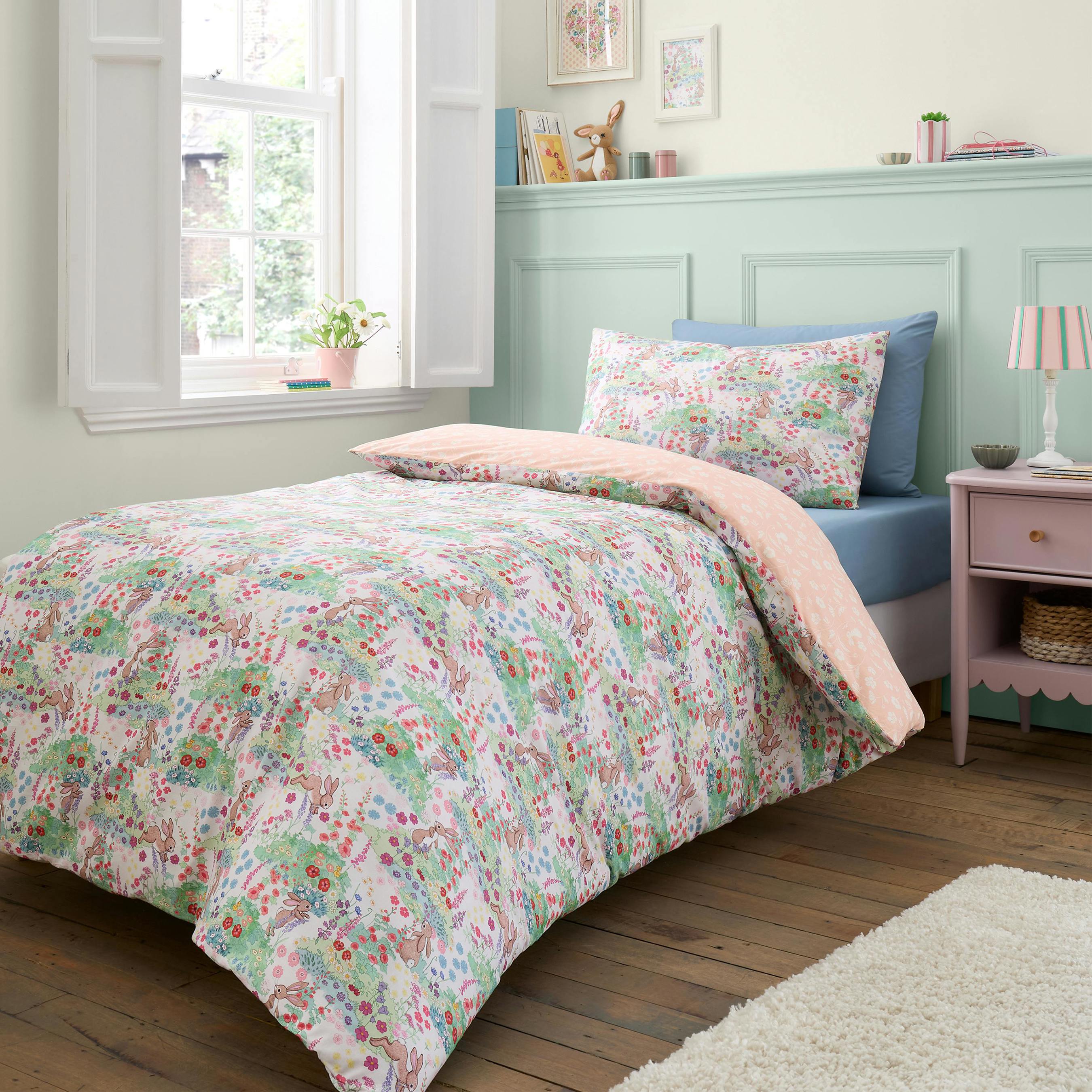 Belle & Boo Blue Meadow Bunnies Reversible Cotton Duvet Cover Set - Double