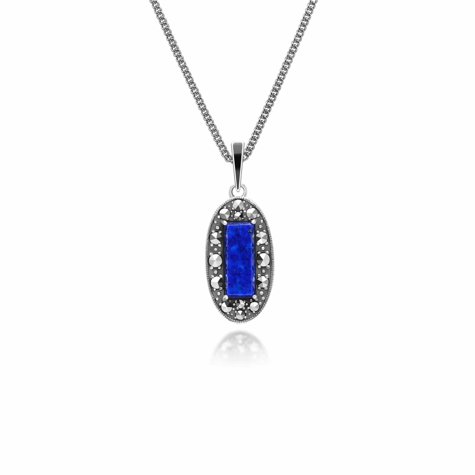 Gemondo Black/Silver Art Deco Style Oval Lapis Lazuli, Marcasite And Enamel Pendant Necklace In Sterling