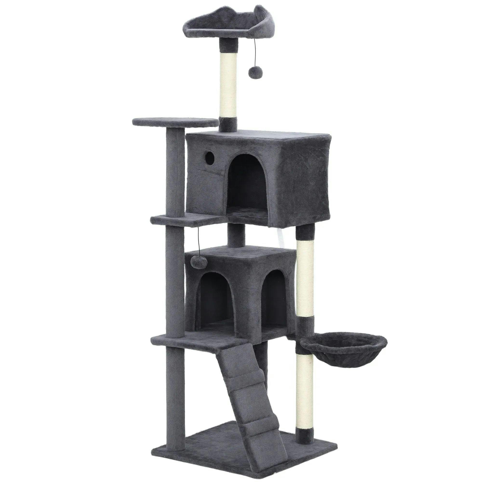 Pawhut Dark/Grey Cat Tree With Sisal Scratching Posts, Cat Houses - 48W X 48D X 160H Cm - Image 4