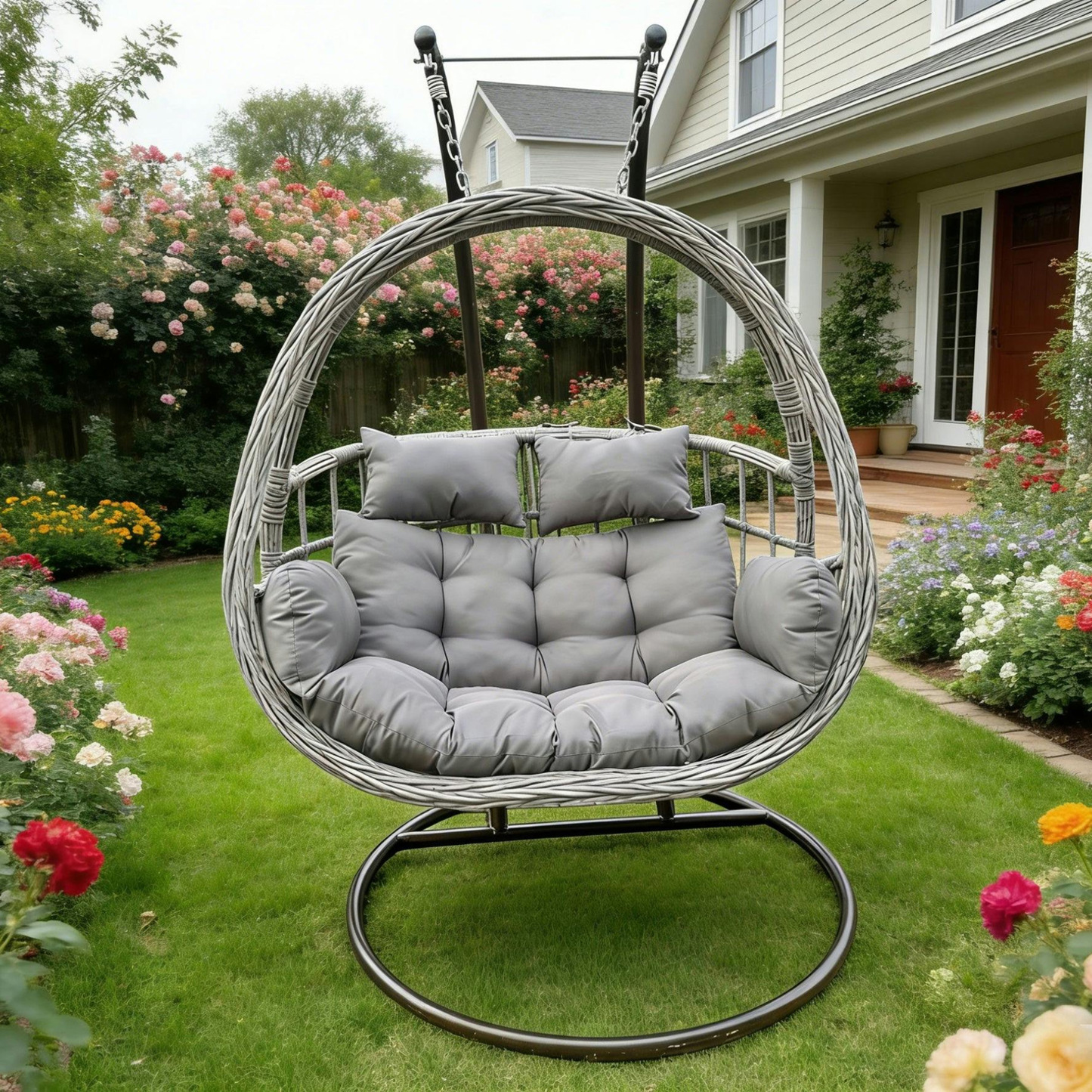 Rackhams Grey Indoor Outdoor Patio Rattan Love Egg Hanging Chair Garden With Thick Cushion