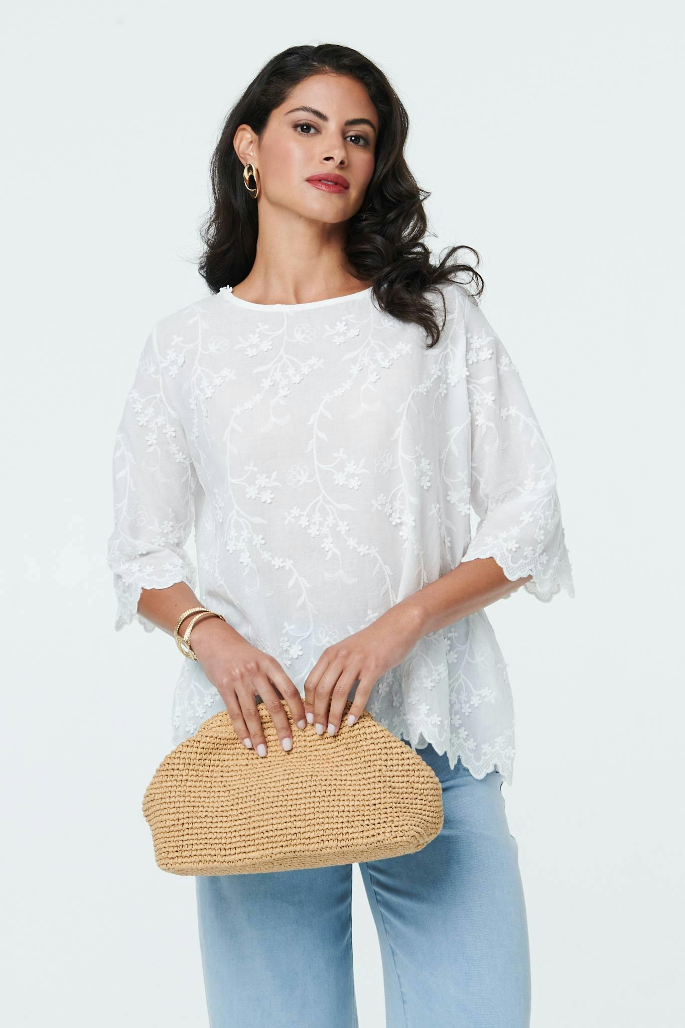 Izabel London White Floral Textured 3/4 Sleeve Blouse - M/L