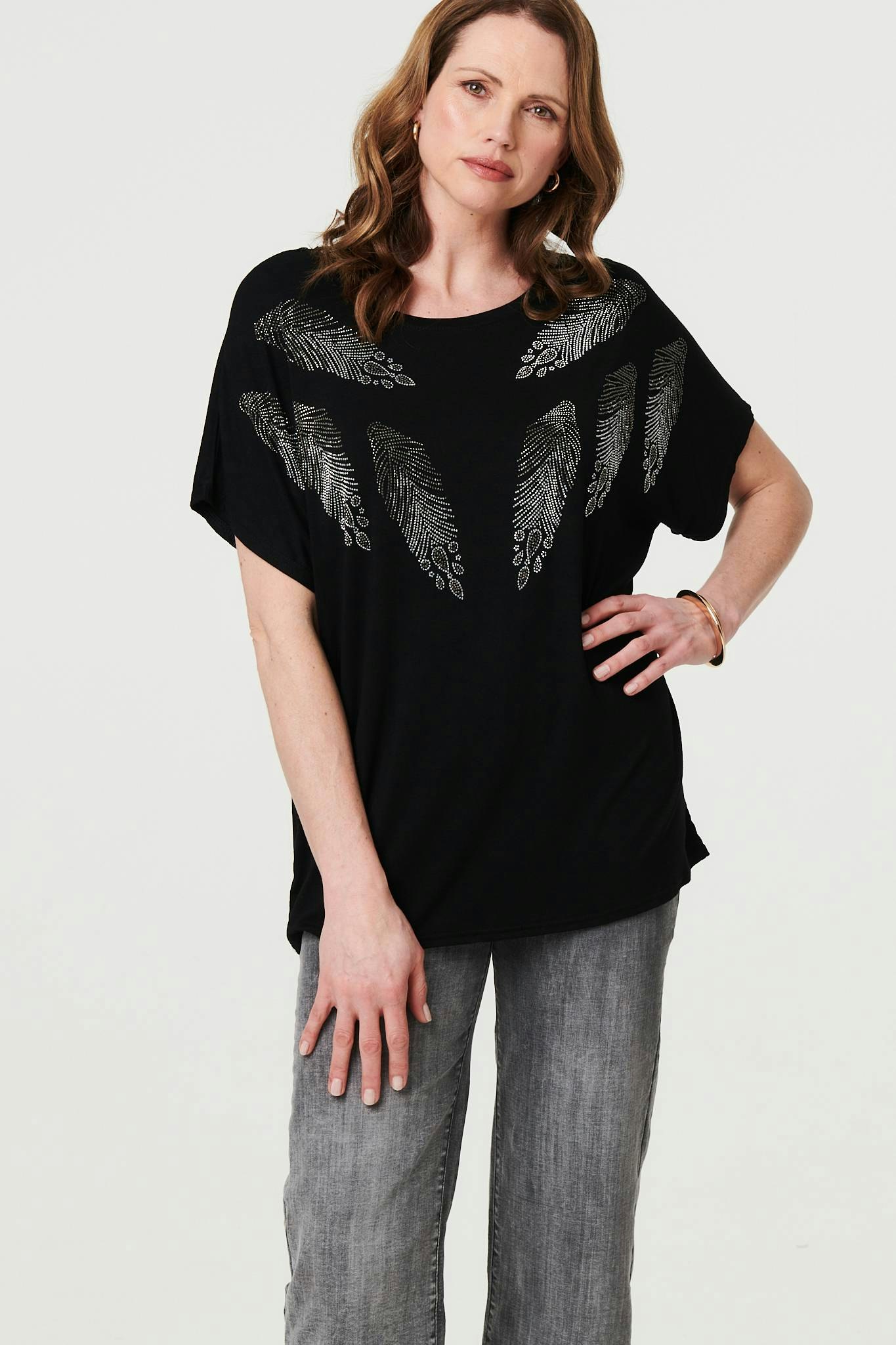 Izabel London Black Sparkly Feather Print Relaxed T-Shirt - 10