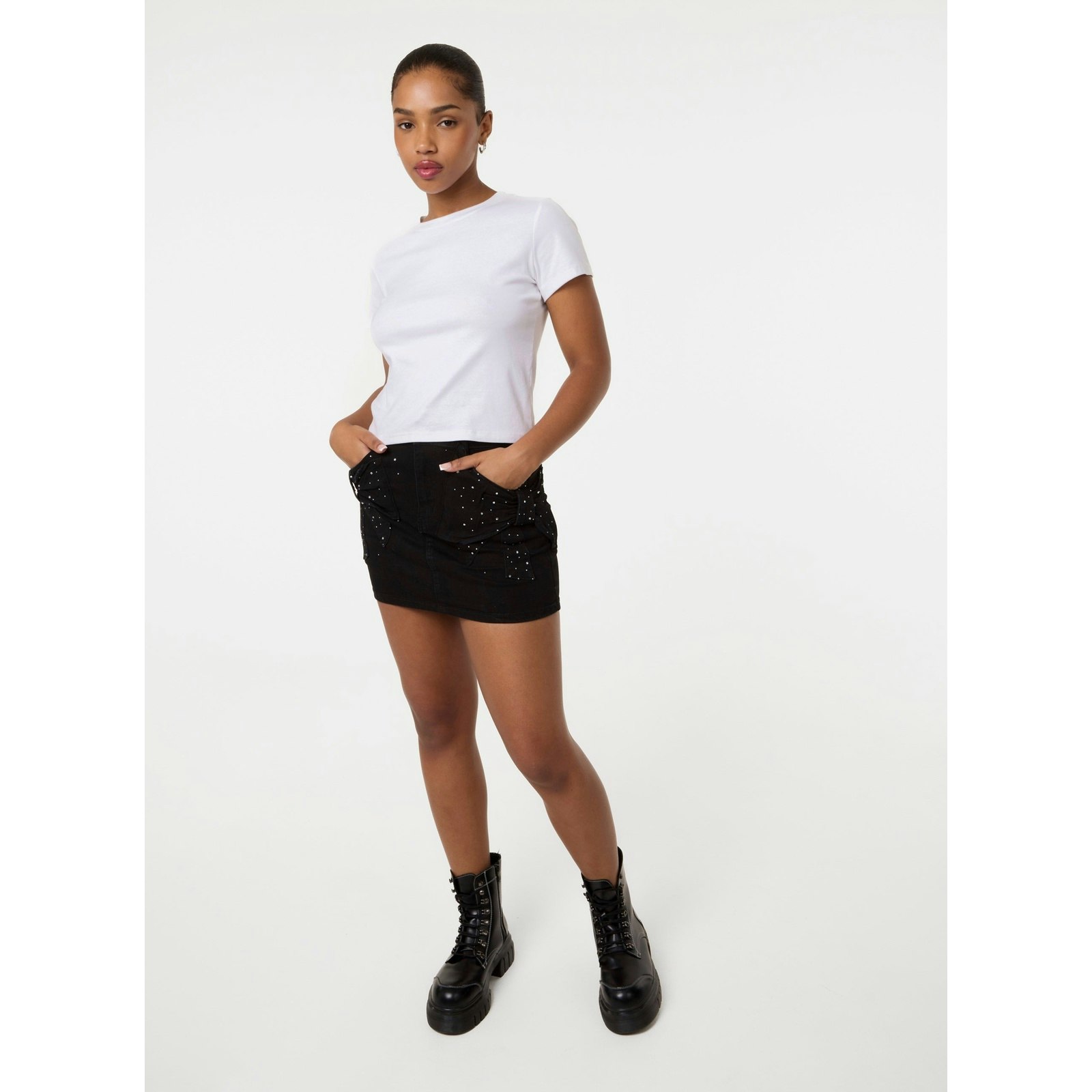 Pink Vanilla Pink/Black Vanilla Diamante Bow Denim Mini Skirt - M