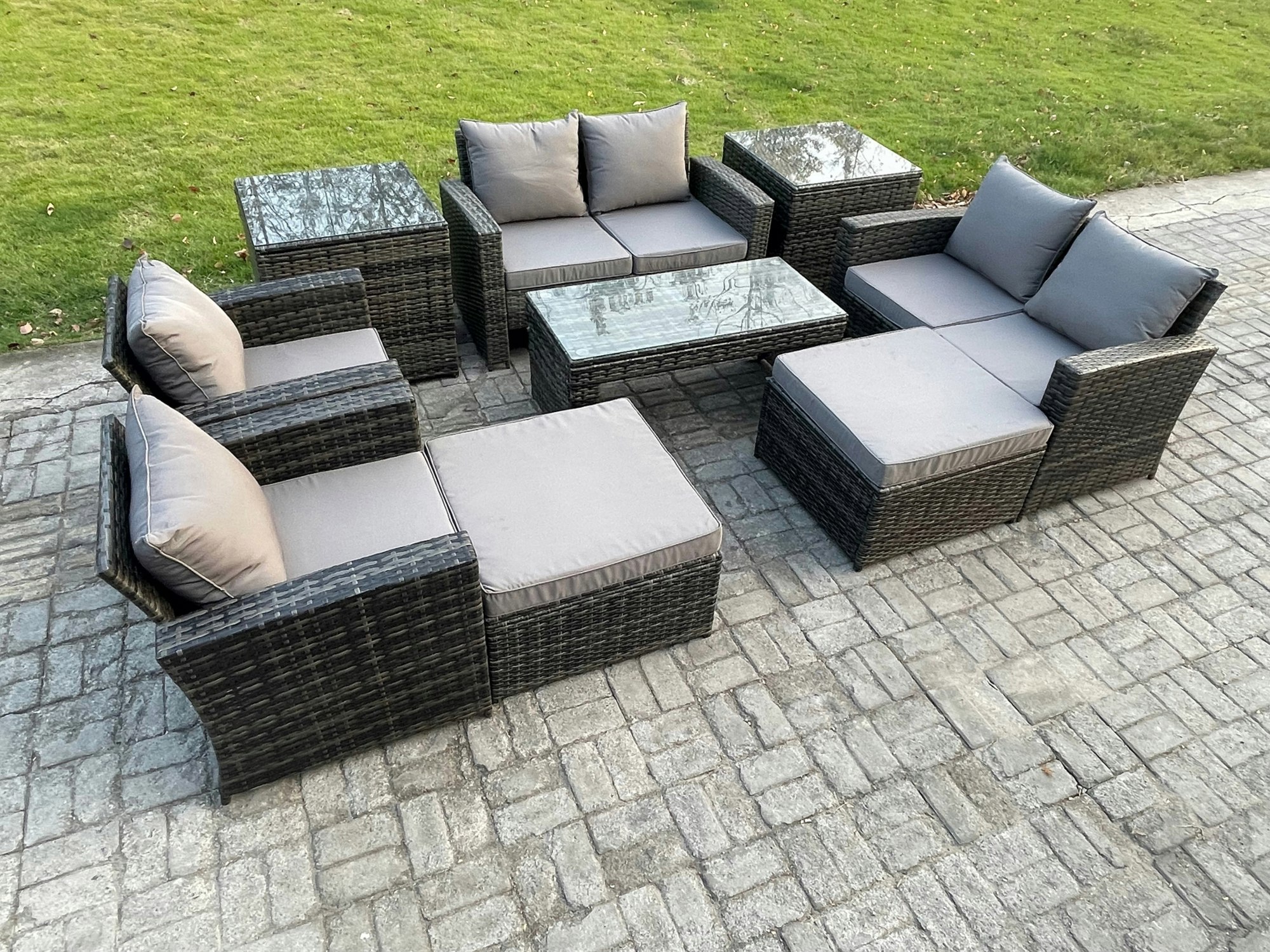 Rackhams Dark/Grey 8 Seater Outdoor Rattan Patio Furniture Set Garden Lounge Sofa Set With Armchairs 2 Side Tables 2 Big Footstool Coffee Table Mixed
