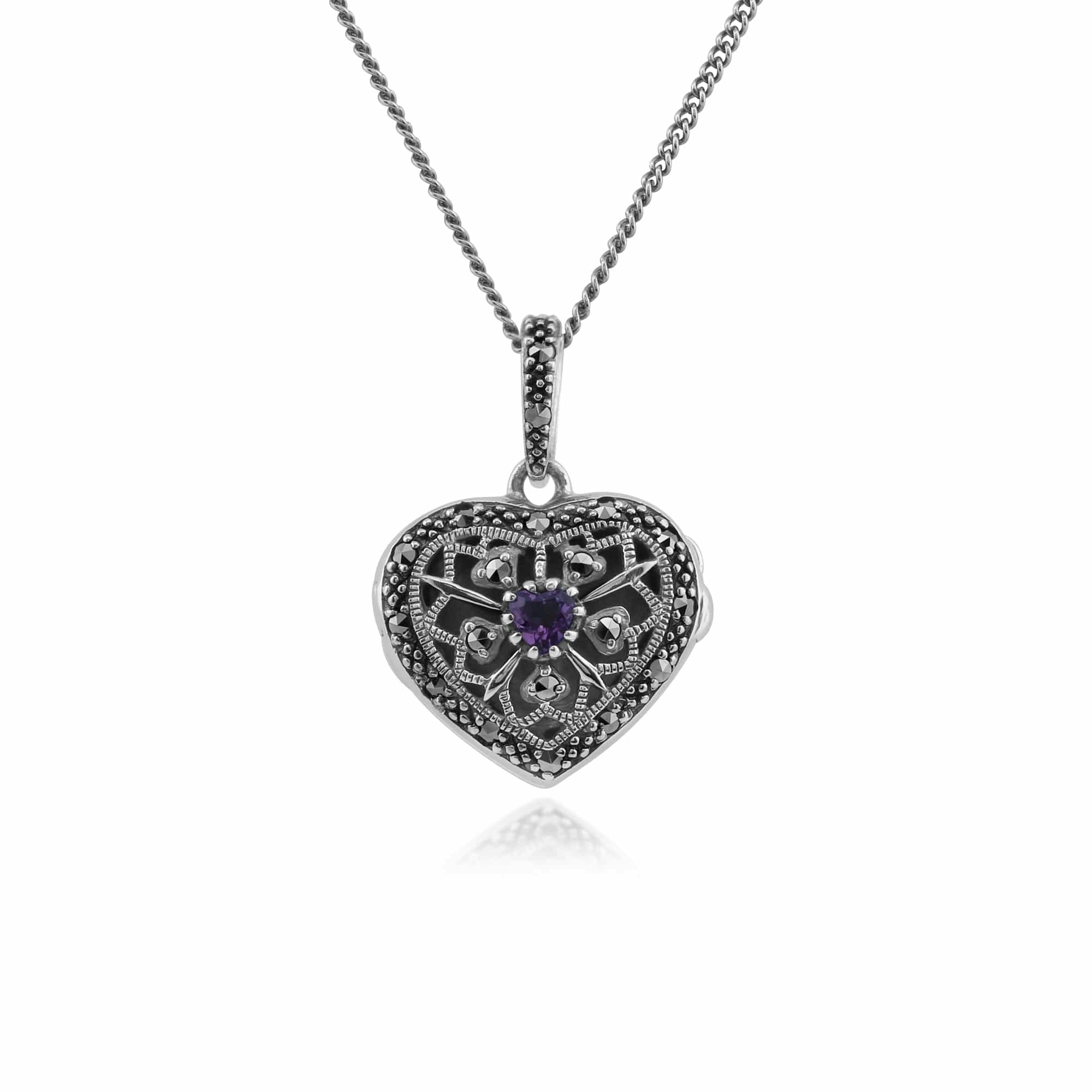 Gemondo Silver Art Nouveau Style Round Amethyst & Marcasite Heart Necklace In 925 Sterling - Sterling Amethyst & Marcasite February Birthstone Heart Locket Necklace