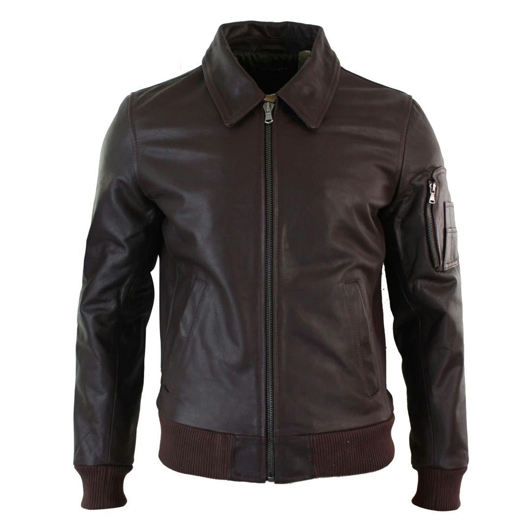 Infinity Leather Men's Burgundy Leather Harrington Bomber Classic Pilot Jacket - Large