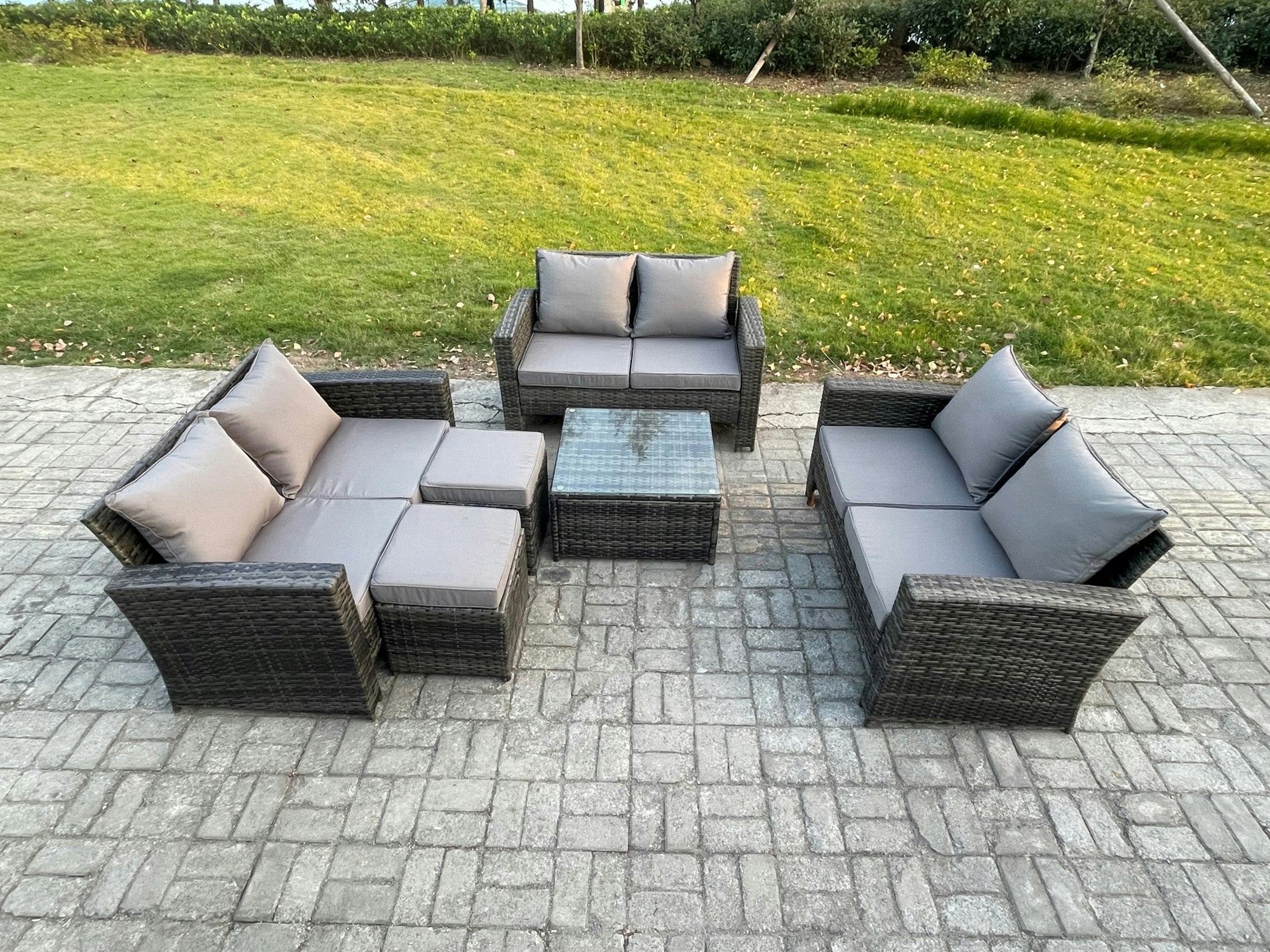 Fimous Dark/Grey Outdoor Lounge Sofa Set Wicker Pe Rattan Garden Furniture Set With Square Coffee Table Double Seat Sofa 2 Small Footstools Mixed