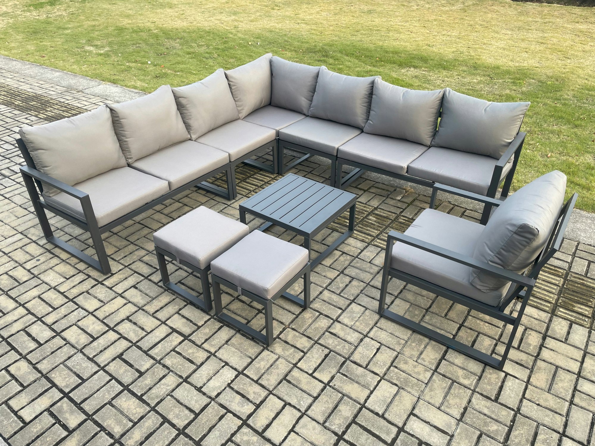 Fimous Dark/Grey Aluminium Outdoor Garden Furniture Set Lounge Corner Sofa Chair Square Coffee Table Sets With 2 Small Footstools