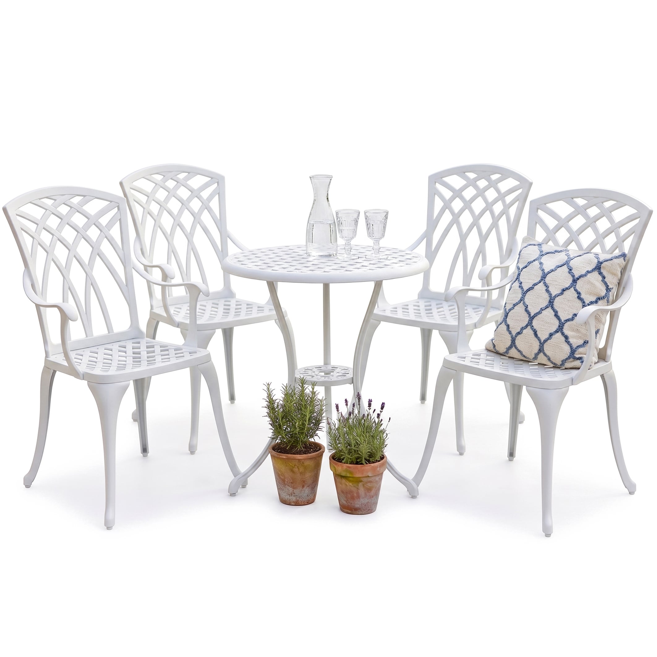 Rackhams White Oshowa Luxurious Garden And Patio Table And 4 Large Chairs With Armrests Cast Aluminium Bistro Set