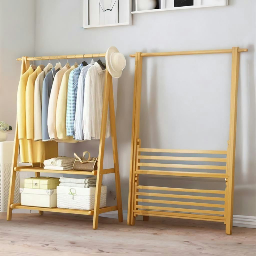 Rackhams Brown Wooden Folding Open Wardrobe Garment Rail With Storage Shelf Natural