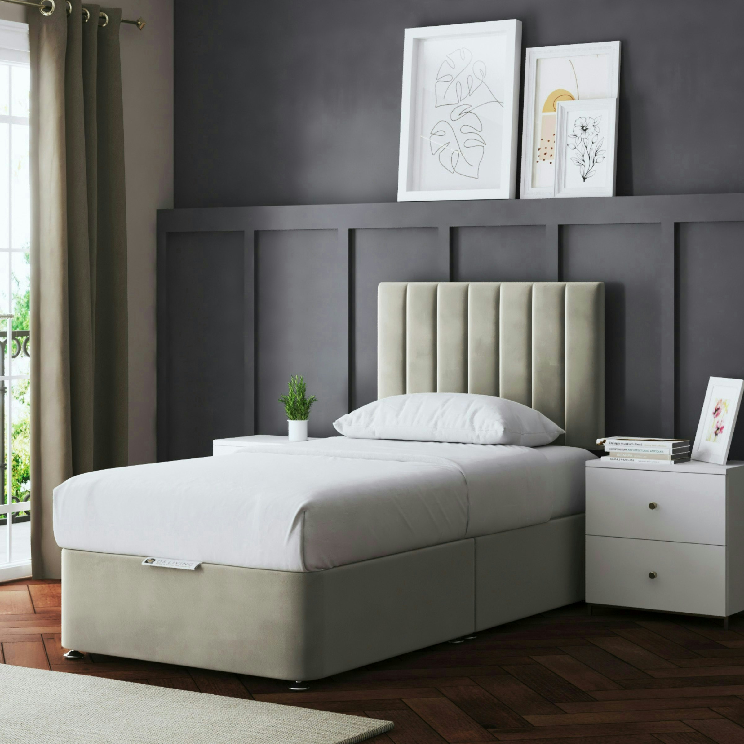 Rackhams Beige Amelia Divan Bed With Upholstered Headboard - Single