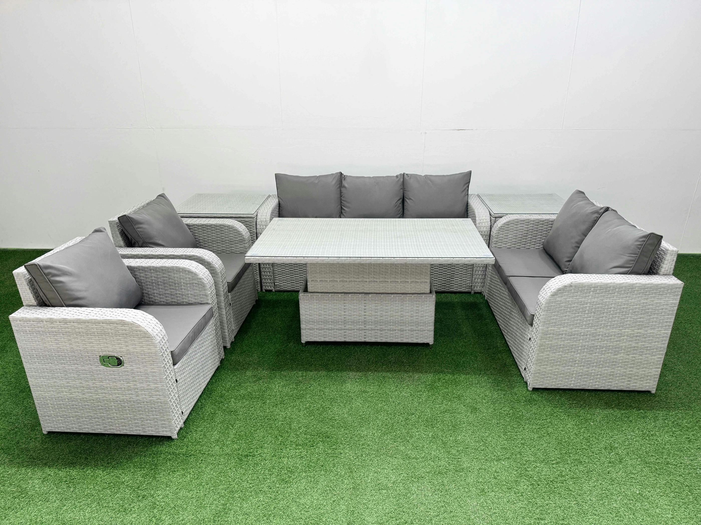Rackhams Light/Grey 7 Seater Rattan Garden Furniture Set With Adjustable Height Table, 2 Sofas, 2 Reclining Chairs & 2 Side Tables