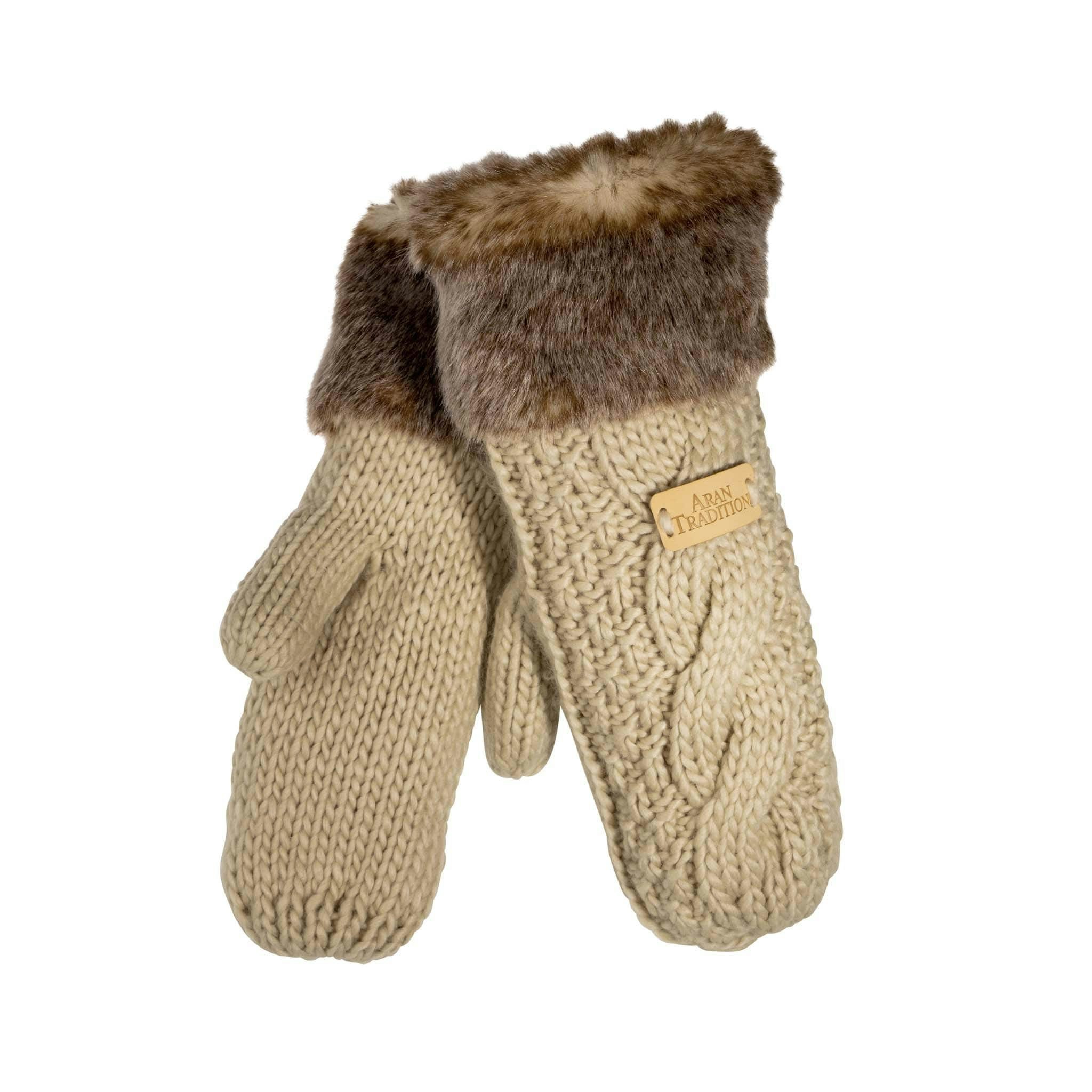 Aran Traditions Aran Cable Fur Trim Mittens - Oatmeal