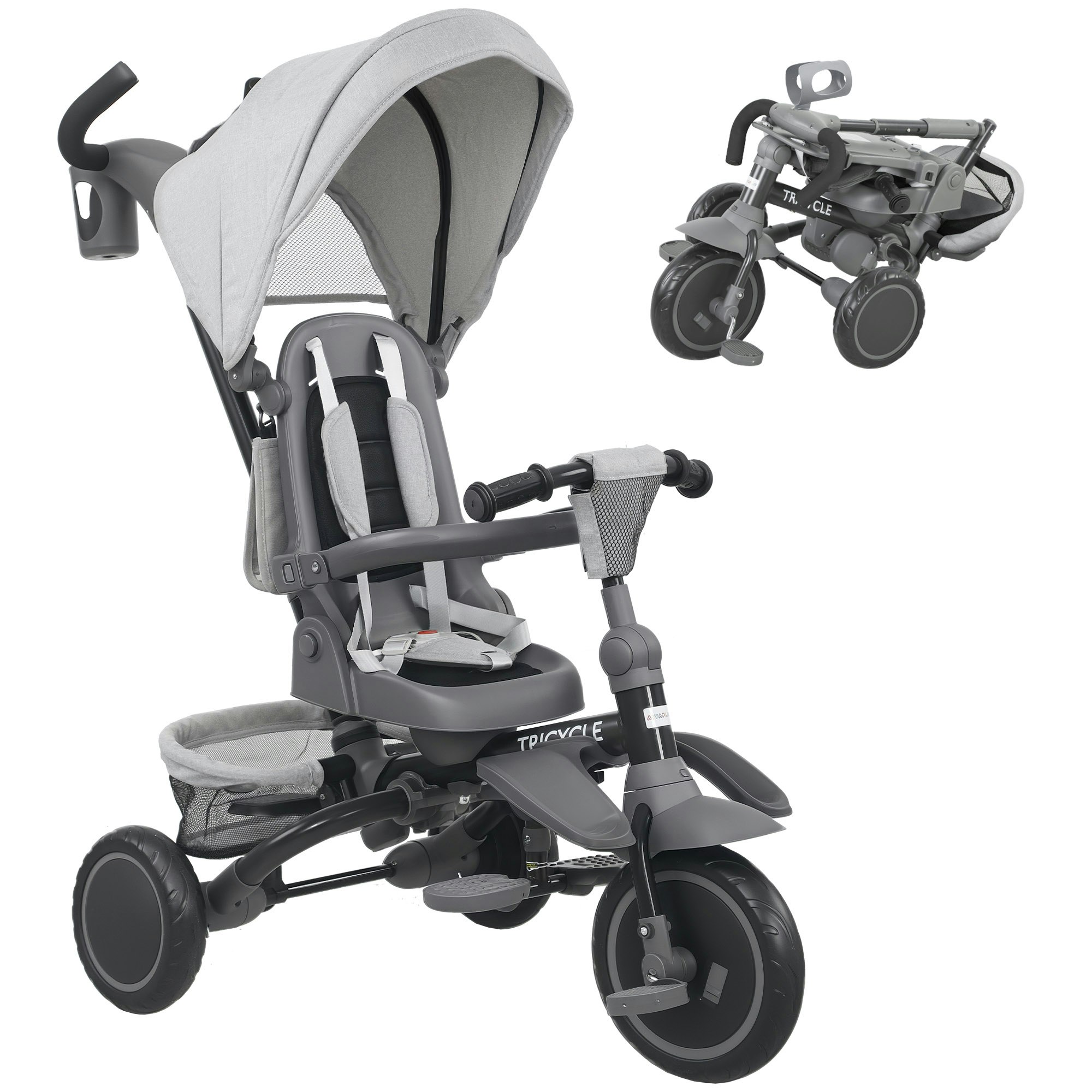 Aiyaplay Grey 6 In 1 Kids Trike, Toddler Tricycle With Parent Handle, 6In