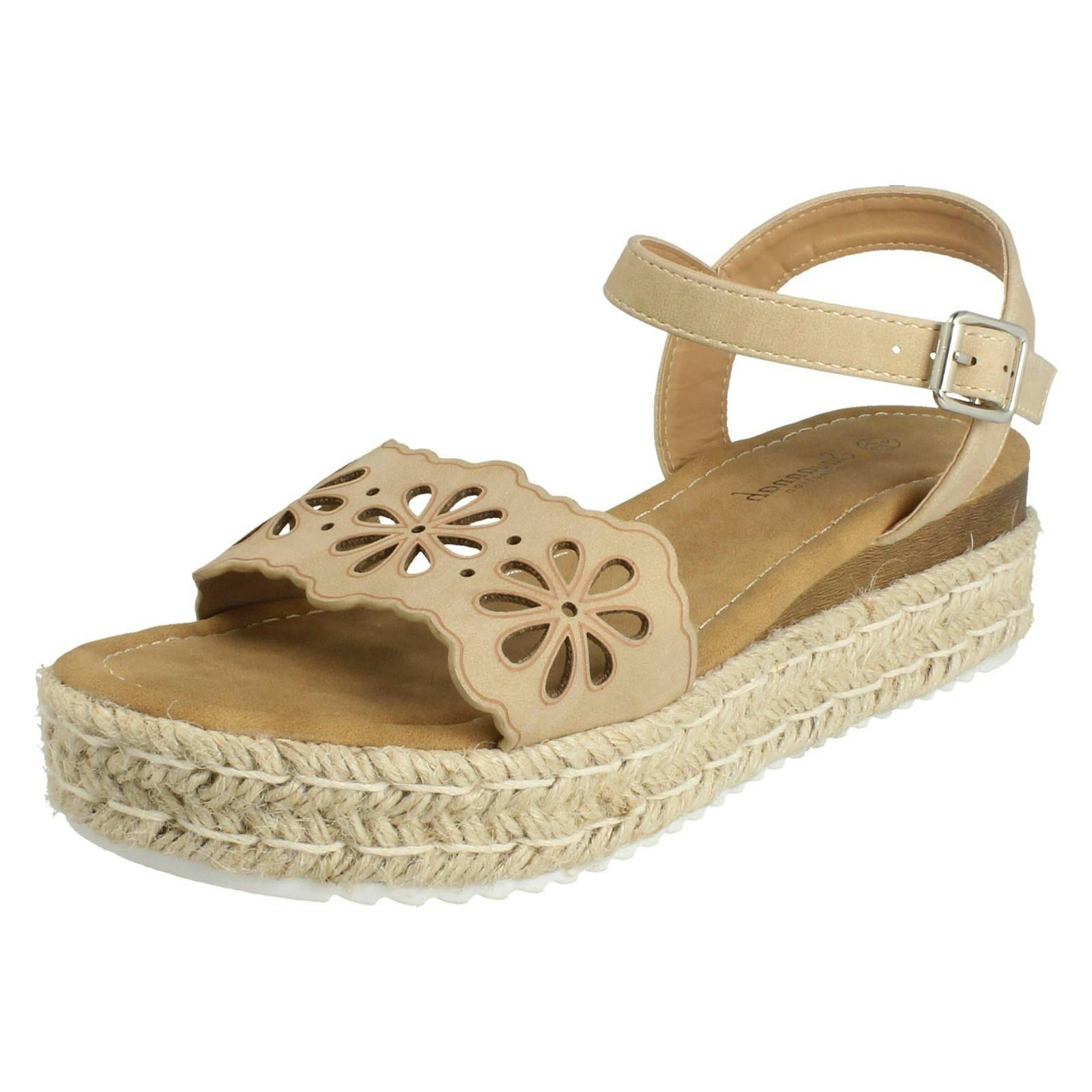Savannah Women's Beige Mid Espadrille Wedge Ankle Strap Sandals F12096 - Uk 6