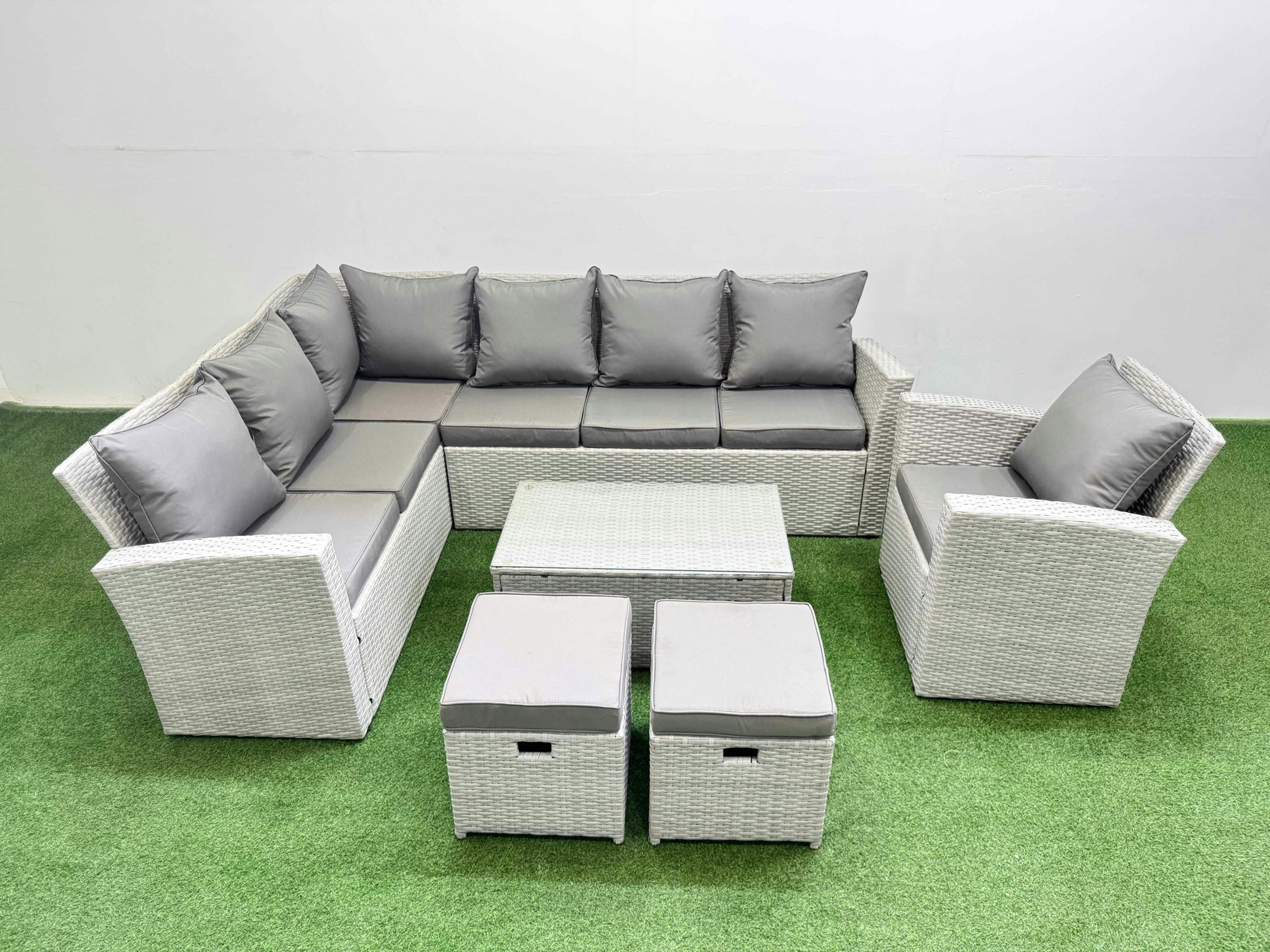 Rackhams Light/Grey 9 Seater Garden Outdoor Pe Rattan Furniture Set Rattan Garden Sofa Set With 2 Small Footstools Mixed