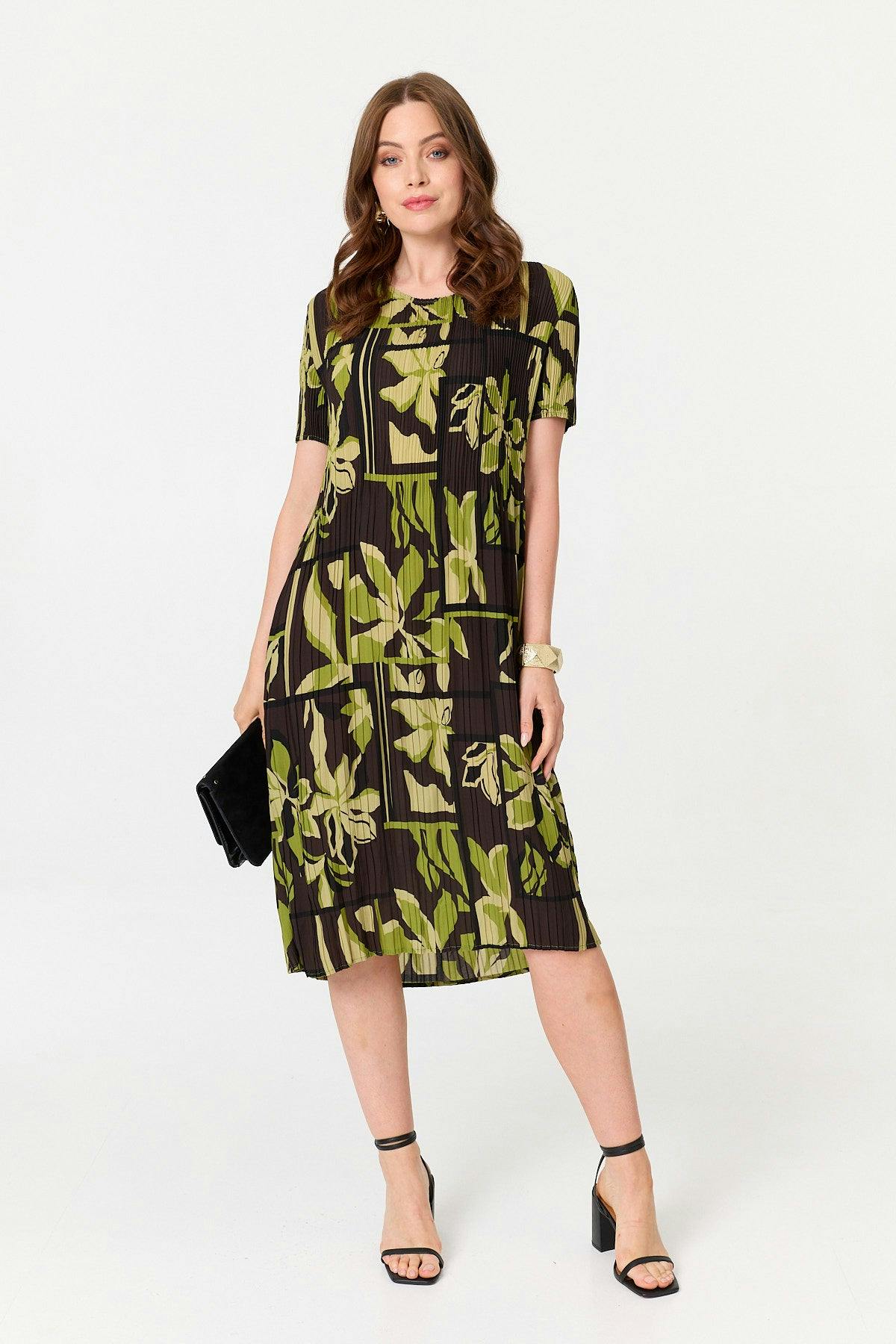 Izabel London Green Floral Pleated Textured Midi Shift Dress - S/M